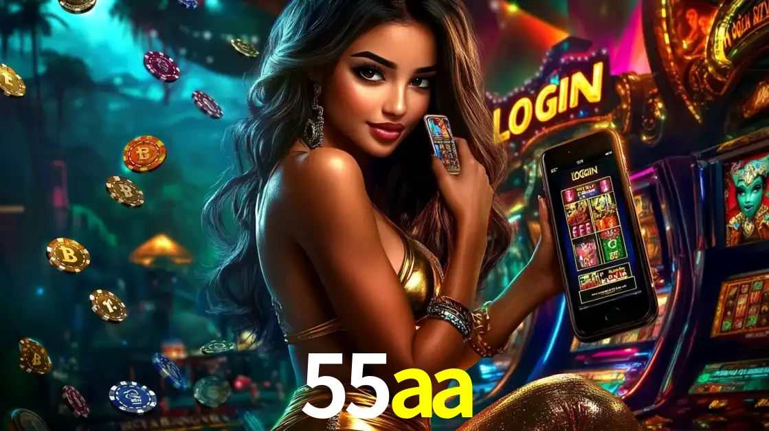 Mulher em um cenário de cassino temático de aventura, mostrando o app de caça-níqueis da 55aa no celular. Fichas de apostas flutuam ao redor.