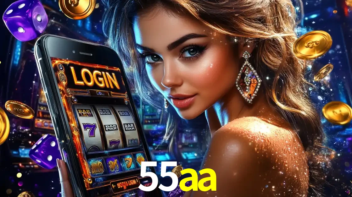 Mulher glamorosa segurando um smartphone com a tela de login para os jogos de caça-níqueis do cassino online 55aa, com moedas de ouro e dados ao redor.