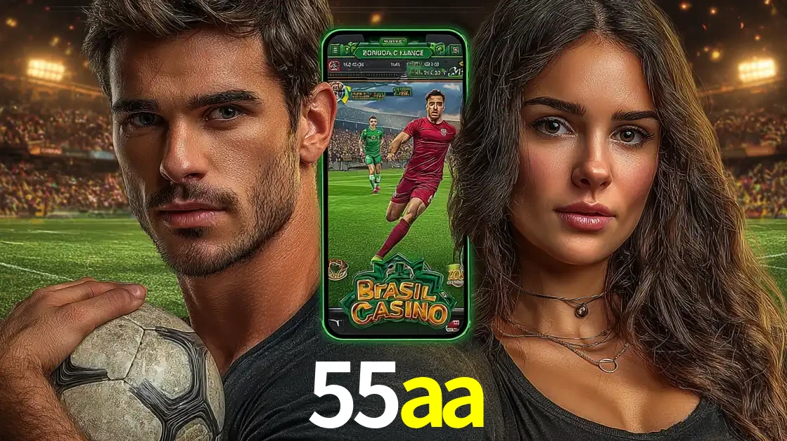 Homem segurando uma bola de futebol e uma mulher ao lado de um smartphone exibindo o jogo de apostas esportivas da 55aa. Faça seu palpite no cassino online.
